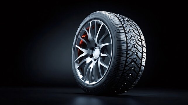 Studded winter tire mounted on a stylish alloy wheel, presenting automotive safety and performance for challenging cold weather conditions on a dark background