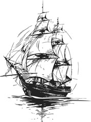 Sailing ship sketch hand drawn with full sails on open water. Vector illustration