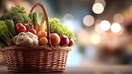 Full wicker basket is overflowing with a vibrant assortment of fresh, healthy, and organic produce, symbolizing a bountiful harvest and sustainable eating choices against a soft bokeh background