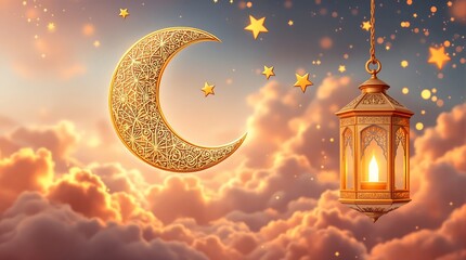 Celebrate ramadan kareem with golden moon lantern and stars islamic background eid mubarak festive design