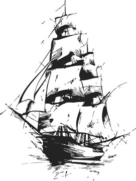 Sailing ship sketch hand drawn with tall masts and billowing sails at sea. Vector illustration