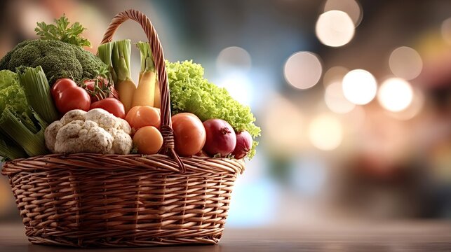 Full wicker basket is overflowing with a vibrant assortment of fresh, healthy, and organic produce, symbolizing a bountiful harvest and sustainable eating choices against a soft bokeh background - Powered by Adobe