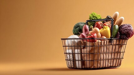 Black wire grocery basket brimming with colorful vegetables, fruits, baguette and eggs on a warm orange background, conveying healthy shopping and nutritious eating