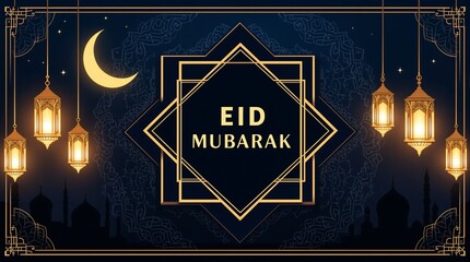 Eid mubarak islamic background with crescent moon and lanterns for ramadan kareem celebration design
