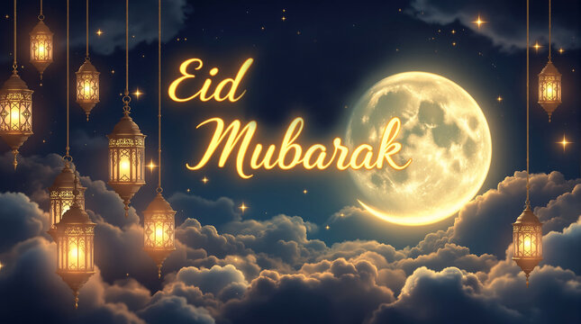 Eid mubarak wishes greetings background with moon lanterns and stars for ramadan kareem celebration
