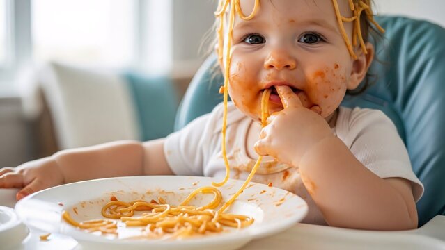 Cute messy baby eating spaghetti sitting in highchair One year old enjoying meal Baby with pasta on face and hair looking at camera portrait - Powered by Adobe