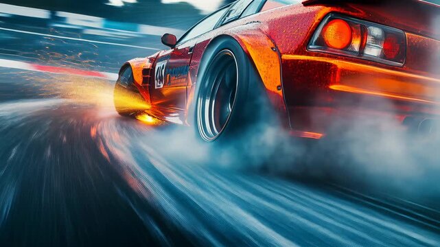 sports car rear wheel sparking on asphalt, tire emitting shower of glowing embers and sparks, low angle motion blur, sunrise backlight, high speed cornering,