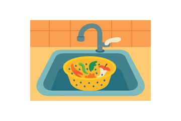 Flat vector illustration of bright kitchen sink with bold strainer catching food scraps for compost rounded shapes minimal detail