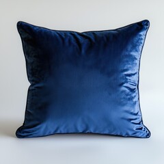 Square navy blue velvet pillow resting on a plain white surface