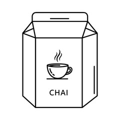 Hand drawn line art illustration of a chai tea box with a steaming cup of chai on the front