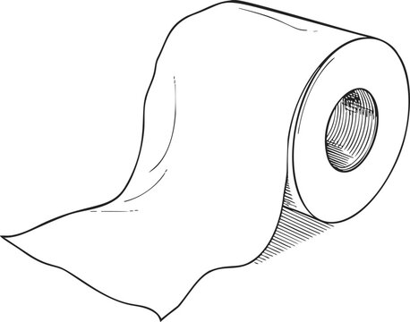Toilet paper roll sketch, hand drawn style, simple outline with unrolled sheet. Vector illustration