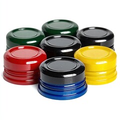 Stack of seven colorful, circular discs with a raised center
