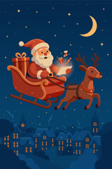 Santa Claus is flying with a reindeer looking at a tablet with gifts over the night city and magical snow is falling around.