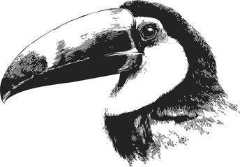 Naklejka premium Toucan head sketch, hand drawn vector, detailed beak and feathers. Vector illustration