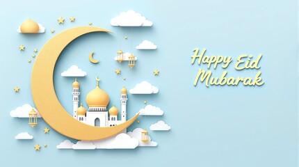 Happy eid mubarak islamic festival greeting card background with mosque moon and stars illustration design
