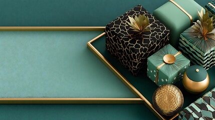Elegant Christmas Gift Arrangement with Black and Green Boxes, Gold Accents, and Copy Space for Personalized Holiday Greetings