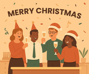 Happy business people at a Christmas and New Year's corporate party on the background. Positive men and women in party caps dancing and having fun. Modern vector characters.