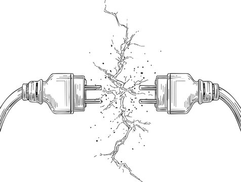 Electric plugs hand drawn sketch with sparks and broken connection. Vector illustration