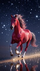 Beautiful conceptual New Year postcard with the symbol of the year - a red horse, an abstract horse runs at night against the background of a starry sky