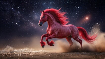 A beautiful magical red horse running along the road against the backdrop of a beautiful starry sky, a symbol of the New Year 2026