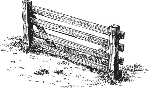 Wooden split rail fence sketch, hand drawn rustic style with grass and ground. Vector illustration