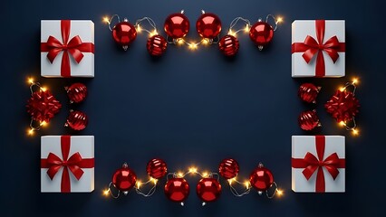 Festive Christmas wreath frame with gifts red baubles and warm fairy lights on dark blue background