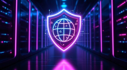 Cyber security shield protection global network data center server room neon lights technology concept
