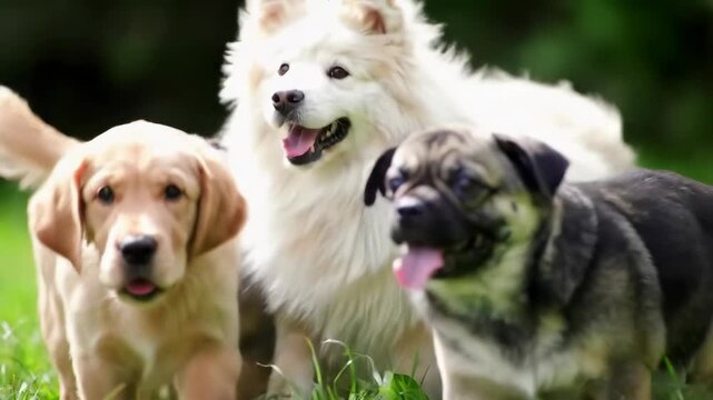 Group of playful puppies, dog friends in green grass, happy dogs playing.