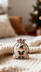 Adorable embroidered elf gift bag on cozy knit blanket creates warm Christmas cheer, perfect for holiday promotions and festive social media content