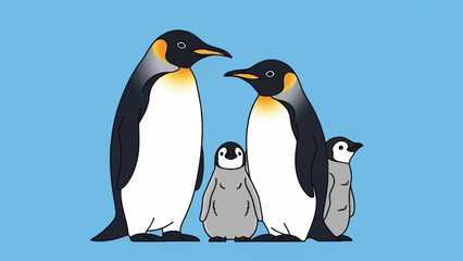 Fototapeta premium Emperor Penguin Family with Two Chicks Illustration.
