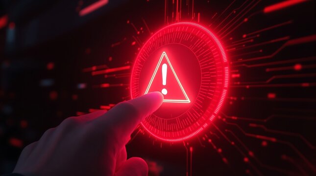 Red alert warning sign cybersecurity risk finger pressing button system failure error message notification