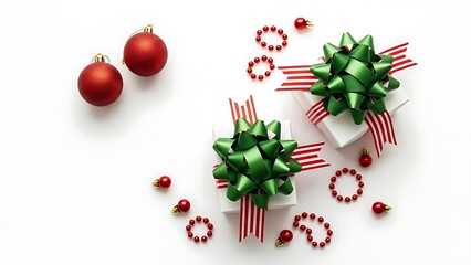 Two festive Christmas gift boxes with green bows and red ornaments on a white background