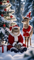 A funny New Year's card with a cat and a deer