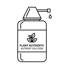 Line art illustration of a bottle containing plant nutrients and a drop of liquid falling from a dispenser