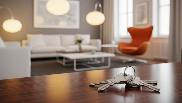 New house keys resting on a wooden table in a brightly lit modern living room with comfortable furniture