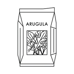 Simple line drawing of an arugula seed packet with illustration of leaves