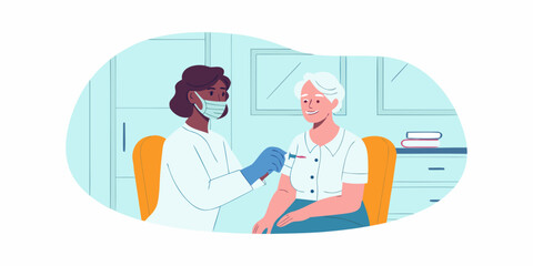 African american doctor administering vaccine to senior patient in clinic setting