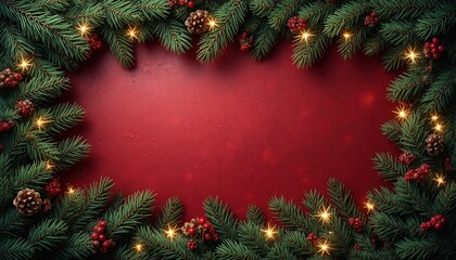Elegant Christmas frame with festive pine branches, twinkling lights, and vibrant red berries creating a cozy holiday atmosphere for invitations and greetings
