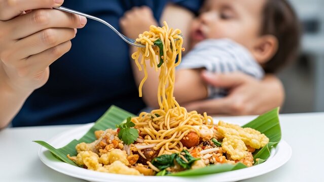 Person Eating Asian Noodles with Baby in Arms, capturing casual dining experience emphasizing family and lifestyle during mealtime