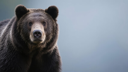 Fototapeta premium Powerful front facing portrait of a large brown grizzly bear with dark fur looking directly at the camera with a soft blue gray background