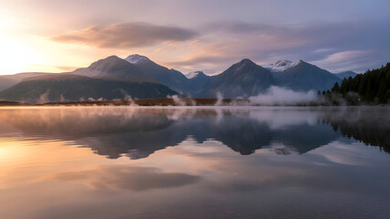 Obraz premium Serene mountain lake reflection at sunrise with misty peaks