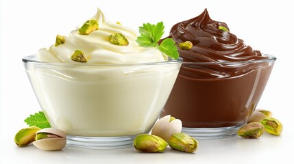 Chocolate and pistachio dessert in clear bowls