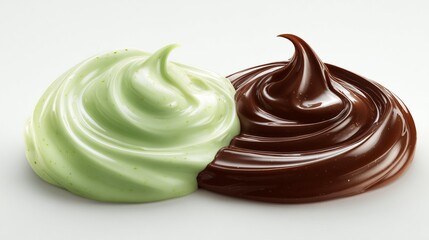 Advertising banner with two creamy textures: pistachio and chocolate, sweet dessert sauce
