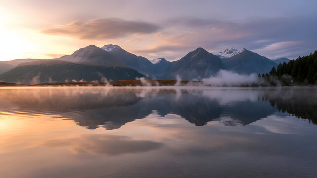 Serene mountain lake reflection at sunrise with misty peaks - Powered by Adobe