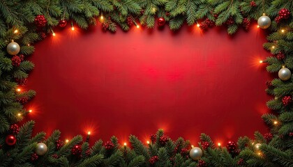 Elegant Christmas background with vibrant red texture, sparkling lights, ornaments, and festive pine garland for holiday cards and seasonal designs