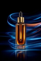 Aesthetic small brown glass bottle with cosmetic product on an abstract background shot with long exposure