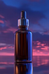 An aesthetic small brown glass bottle with cosmetic product lying on a mirror surface against the backdrop of a sunset