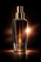Aesthetic brown glass bottle with cosmetic product on a a dark background with backlight