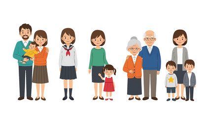 Obraz premium Cartoon vector family illustration of a multigenerational family group portrait isolated on white