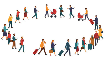 Fototapeta premium Crowd of diverse people walking in a circleshaped group isolated on transparent background